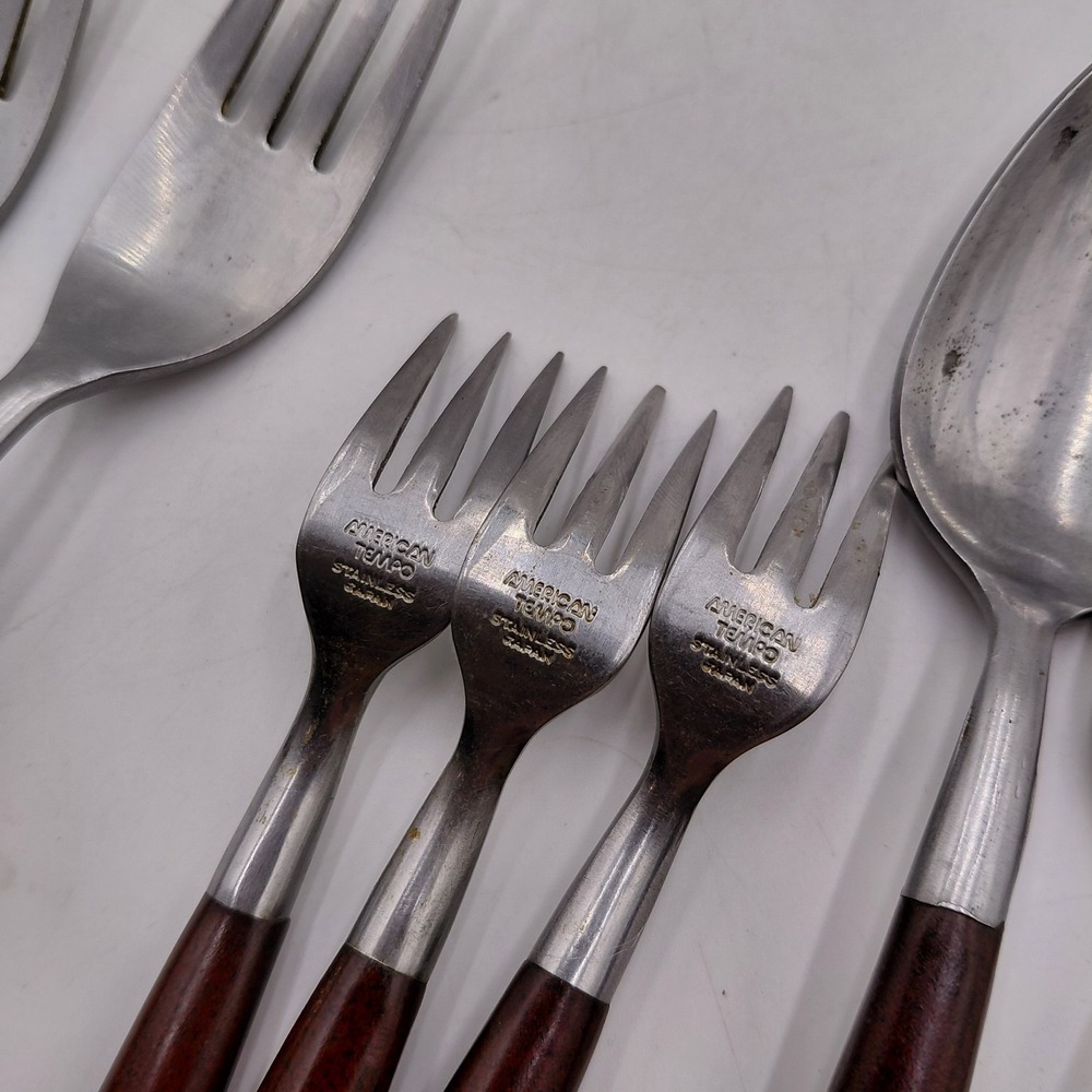 AMERICAN TEMPO 12 Mid Century Modern Stainless Flatware Faux Wood Japan MCM - Picture 6 of 10